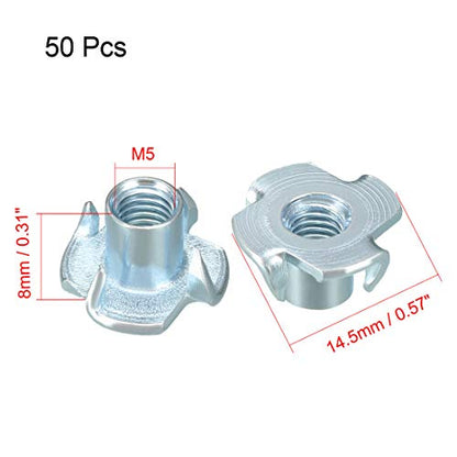 uxcell M5 4 Pronged Tee Nut T-Nut for Table Legs Rock Climbing Wall Woodwork Holds Wood Cabinetry 50Pcs - size: M5