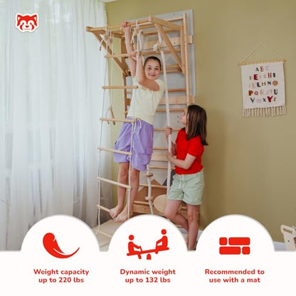 Wood And Hearts Indoor Swedish Ladder Wall Gym for Kids Active Play - Adjustable Pull-Up Bar with Rope Accessories & Decorative Panels (Climbing Module 1, 4in1 Rope Bundle) - size: Climbing Module 1