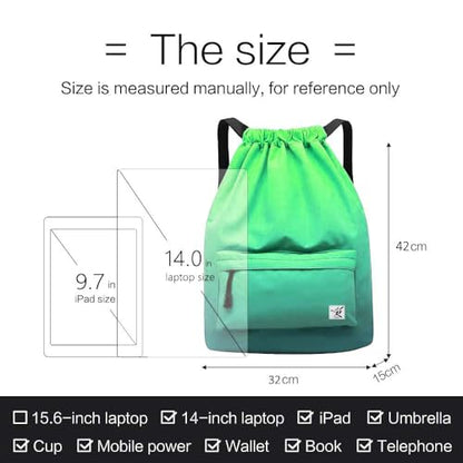 Waterproof Drawstring Bag, Gym Bag Sackpack Sports Beach Backpack for Men Women - color: 11-gradual Green