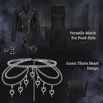 2 Pcs Thorn Heart Waist Chain Belt, Punk Gothic Belt Chains with Pant Chain for Women Girl