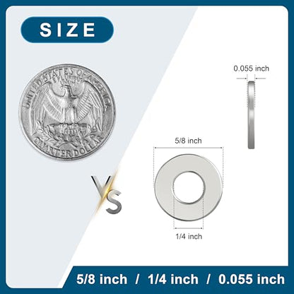 100Pcs Flat Washers for Screws, 1/4" Small Washer, Premium 18-8 (304) Stainless Steel Washers for Bolts, Anti-Rust, Heavy Duty Washers Set-Industry-Widely Used