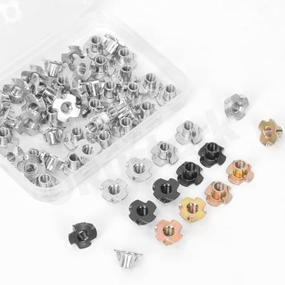 50Pcs M6x10mm Nickle Four-jaw Tee Nuts Assortment Kit Metric T Nut 4 Pronged Tee Blind Nuts Threaded Insert for Wood Furniture Rock Climbing Holds Cabinetry - style: nickle plated 6x10MM 4-pronged tee nuts