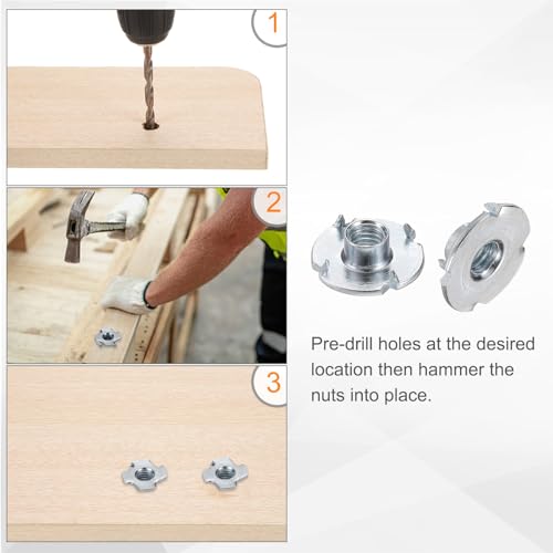 HARFINGTON M6x6mm T-Nuts 4 Pronged Tee Nut 0.75" x 0.24" Fully Thread Carbon Steel Inserts for Wood, Rock Climbing Holds, Cabinetry, Furniture 50pcs - size: M6x6mm
