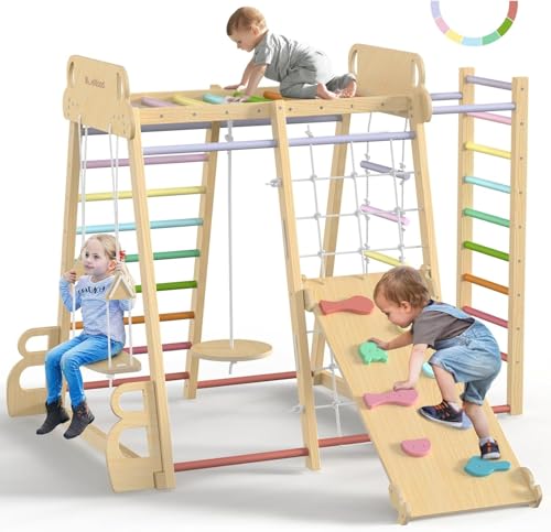Upgraded Indoor Jungle Gym 9-in-1 Playground Kids Climbing Toys | Waldorf Style Wooden Climber Playset with Slide, Swing, Monkey Bars, Upright/Rope Ladder, Climb Net, Colorful - color: Colorful