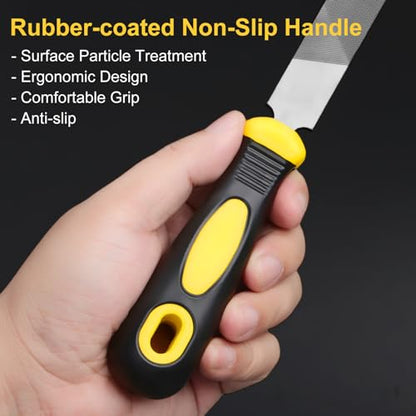 8in Flat Hand Metal File, Total 12in Length, Ergonomic Rubberized Handle, Uniform Teeth, Strength High Carbon Steel, perfect for Long Time Use for Trimming, Sharping Metal, Stone, Wood, etc.