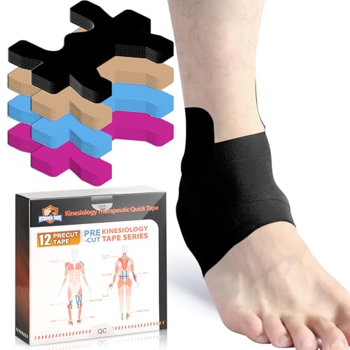 Kinesiology Tape for Ankle, KTQUICK 12 Count Ankle Tape Precut, Original Cotton Waterproof & Breathable, Enhance Elastic Kinesiology Athletic Tape for Ankle Support and Muscle to More Sports (Black) - color: Black