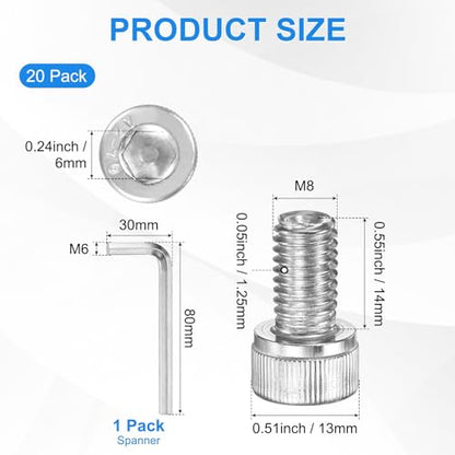 M METERXITY 20-Pack M8 x 14mm Socket Head Cap Screws, 304 Stainless Steel Hex Machine Bolts, Allen Socket Drive Screw with Hex Wrench for Repair/DIY, Fully Threaded Fasteners Kit [Silver] - size: M8 x 14mm