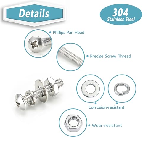 Kadrick 304 Stainless Steel Screws,920Pcs Machine Screw Assortment,#4-40#6-32#8-32#10-24 Assorted Phillips Pan Head SAE Screws Nuts & Washers Set,Bolts and Nuts Kit - size: SS #4-#10 920Pcs