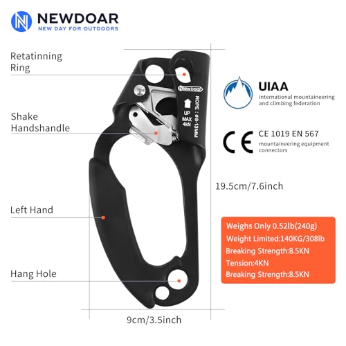 NewDoar UIAA & CE Certified Hand Ascender Rock Climbing Tree Arborist Rappelling Gear Equipment Rope Clamp for 8~13MM Rope - color: Left Hand Black