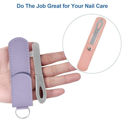 Metal Nail File with Case, 2 Pack Keychain Nail Files for Natural Nails, Fingernail Files Diamond Round Tip Stainless Steel Double Sided Fine Grit Silver Filer with Leather Sheath Travel Pink Purple - size: 2 Pack 3.6 in Silver/Pink/Purple Keychain