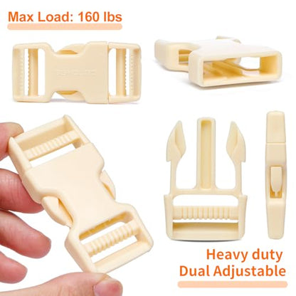 BEYOURD 1 inch Buckles and Strap Set: 10 yards Polyester Webbing Strapping, 6 pack Dual Adjustable Side Release Plastic Buckles, 12 PCS Tri-Glide Slider Clips for DIY Projects, Cream - color: Cream
