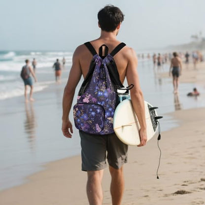 GuoChe Drawstring Backpacks Gym Swim Bag With Inside Pockets Pull String Bag Waterproof Chic Purple Flower - color: Chic Purple Flower