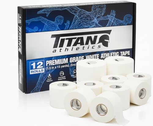 12 Pack White Athletic Tape (45ft Rolls) - Athletes Trainers Injuries & First Aid - Premium Medical Sports Tape - Wrap & Support Ankles & Wrists - Easy Tear Design with Zinc Oxide & No Sticky Residue - color: White - 12 Pack