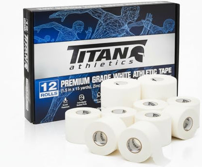 12 Pack White Athletic Tape (45ft Rolls) - Athletes Trainers Injuries & First Aid - Premium Medical Sports Tape - Wrap & Support Ankles & Wrists - Easy Tear Design with Zinc Oxide & No Sticky Residue - color: White - 12 Pack