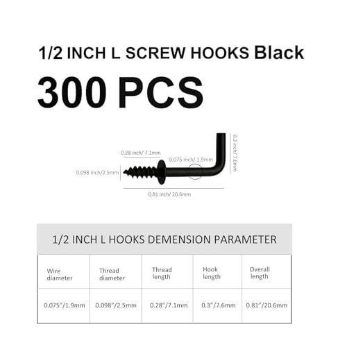 300 PCS 1/2 Inch Screw in Hooks, Mini 7 Shaped Right Angle Screw Hanger,Black L Shaped Hook, Perfect for Lamp,Plants,Decorations,kitchenware and DIY Crafts - size: 1/2inch 300pcs