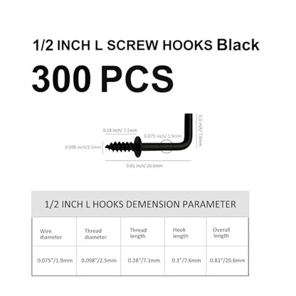 300 PCS 1/2 Inch Screw in Hooks, Mini 7 Shaped Right Angle Screw Hanger,Black L Shaped Hook, Perfect for Lamp,Plants,Decorations,kitchenware and DIY Crafts - size: 1/2inch 300pcs