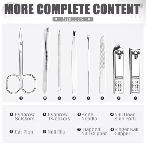 Geosar 12 Set 8 in 1 Manicure Kit Gifts Stainless Steel Nail Clippers Set Pedicure Care Tools with Leather Case Travel Portable Grooming Kit for Women Men Nurse Hands Foot(Glitter Silver) - color: Glitter Silver