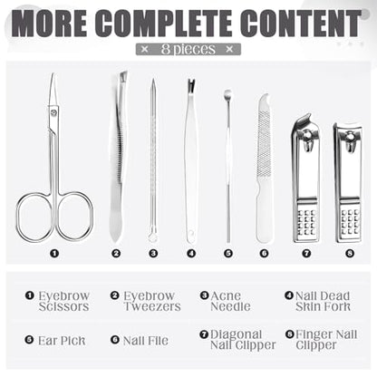 Geosar 12 Set 8 in 1 Manicure Kit Gifts Stainless Steel Nail Clippers Set Pedicure Care Tools with Leather Case Travel Portable Grooming Kit for Women Men Nurse Hands Foot(Glitter Silver) - color: Glitter Silver