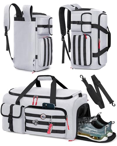 RAINSMORE Gym Bag for Men, 45L Sports Travel Duffel Bag with Shoe & Laptop Compartment, Gym Workout Backpack Carry On Weekender Bag Overnight Backpack for Travel, Grey - color: White-grey