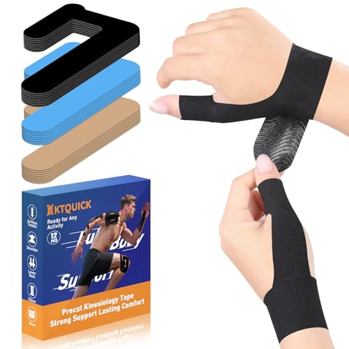 Precut Kinesiology Tape for Thumb Right, KTQUICK 12PCS Waterproof & Hypoallergenic Latex-Free Athletic Tape for Thumb Support, Wrist & Thumb Brace, Elastic Breathable Long-Lasting Thumb Tape (Black) - color: Black, size: RIGHT