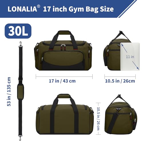 30L Gym Sport Duffle Bag - 17 inch Carry on Weekender Overnight Bag for Travel, Workout, Fitness (Olive Green-30L) - color: Olive Green