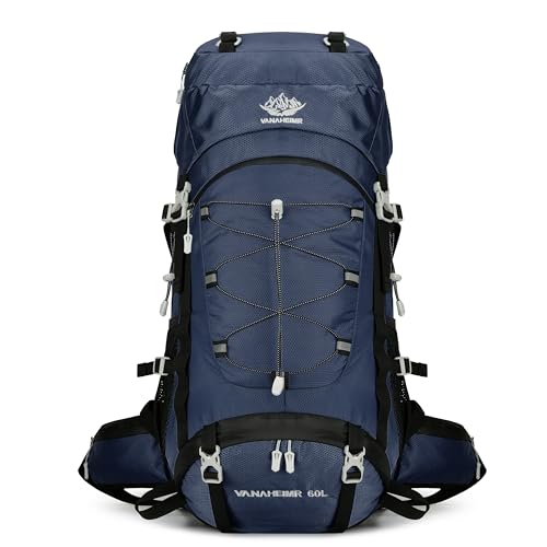 60L Travel Hiking Camping Backpack with Rain Cover, Backpack Water Resistant,Climbing Backpack for Men Women - color: Deep Blue