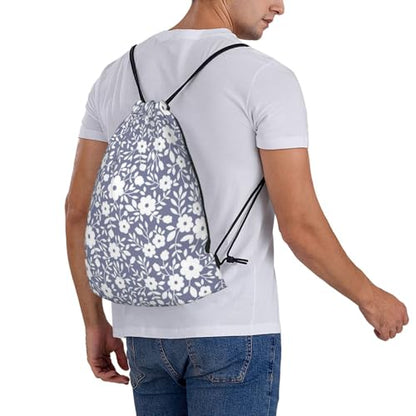 Compact Cinch Carry Sack Navy White Floral Pattern Washable Sackpack for Climbing - color: 1