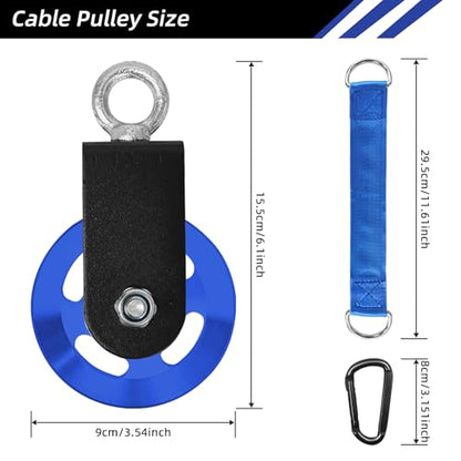 LFJ Aluminum Alloy Cable Pulley with Swing Strap Carabiner, 90mm Pulley Wheel for LAT System DIY Pull Down Attachment,Ladder Lift,Home Gym Equipment (Aluminum Alloy, Blue)