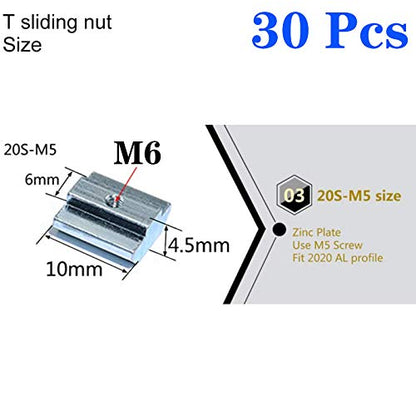 30pcs 2020 Series Sliding T Nuts Metric M6 Thread Slide in Hammer Head T-Nut for Standard 6mm T-Slot Aluminum Extrusion Profile （2020 Series M6） - size: 2020 Series M6