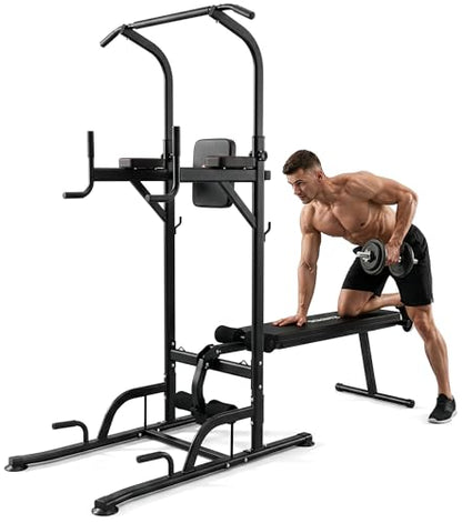 SQUATZ Pull-Up Dip Station - Your All-in-One Power Tower Gym and Chin-Up Bar Stand with Collapsible Bench for Home Exercise and Bench Press