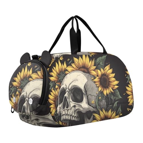 Kids Sports Duffel Bag for Boys & Girls - Skull Summer Sunflowers 100% Polyester Gym Bag with Separate Shoe Compartment, Adjustable Shoulder Strap, Compact Travel & Workout Gear Bag - color: Skull Summer Sunflowers