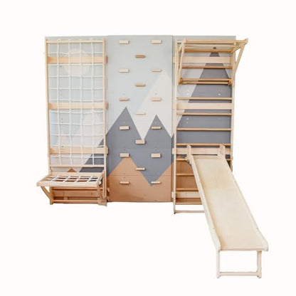 WoodandHearts 5in1 Modular Swedish Wall Gym Set for Kids Indoor Active Play – Wooden Swedish Ladder with Adjustable Pull-Up Bar, Rock Climbing and Slide (Base Set+Step-Down Slide+Sit-Up Bar) - style: Base Set + Step-Down Slide + Sit-Up Bar
