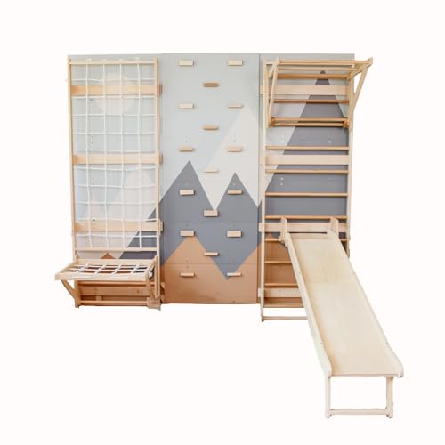 WoodandHearts 5in1 Modular Swedish Wall Gym Set for Kids Indoor Active Play – Wooden Swedish Ladder with Adjustable Pull-Up Bar, Rock Climbing and Slide (Base Set+Step-Down Slide+Sit-Up Bar) - style: Base Set + Step-Down Slide + Sit-Up Bar