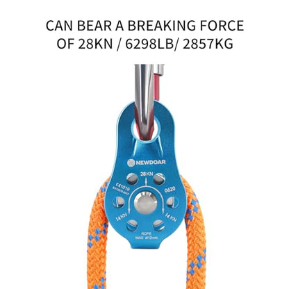 NewDoar Fixed Plate Micro Pulley,28KN CE Certified General Purpose Small Aluminum Rope Pulleys for Climbing/Aloft Work/Rappelling/Rescue Etc - color: Pack of 2(28KN Pulley Blue