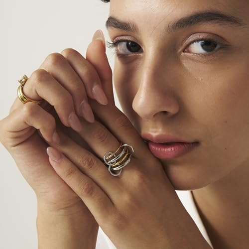Shapes Studio Trio Linked Ring, stackable Ring, Minimalism style for women, Never Tarnish - size: 6, style: Four Band (two silver)