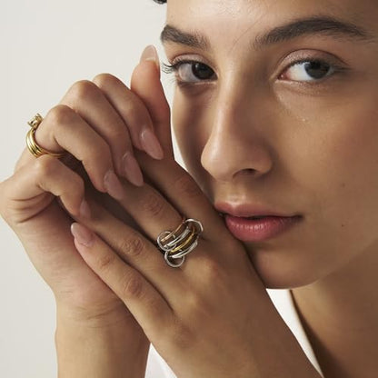 Shapes Studio Trio Linked Ring, stackable Ring, Minimalism style for women, Never Tarnish - size: 7, style: Four Band (two silver)
