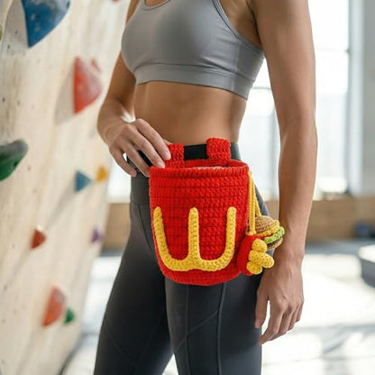 Handmade Crochet Rock Climbing Chalk Bag, Fun Plush Animal Chalk Pouch with Drawstring, Adjustable Waist Belt for Indoor Outdoor Bouldering Sport Climbing - style: Hamburger Fries