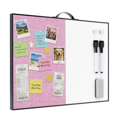Small White Board Cork-Board Combo - 16 X 12 inches Pink Linen Board & Magnetic Dry Erase Board for Wall, Mini Bulletin Cork Board with Holder for Office, Home and School - color: Pink/White