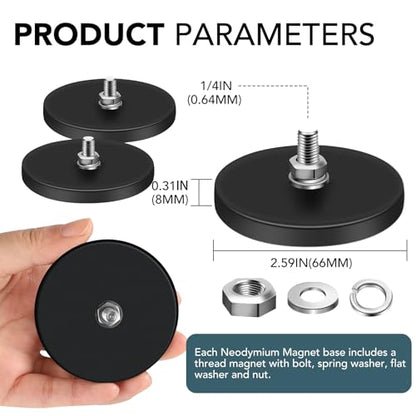 DIYMAG Rubber Coated Neodymium Magnets 1/4in 65lbs 12pcs | Anti-Scratch Black Rubber Coating, Large Magnet Base, Powerful Holding Force, for Light Bar, Mirror, Camera, License Plate - size: 1/4in-65LB-2.59in