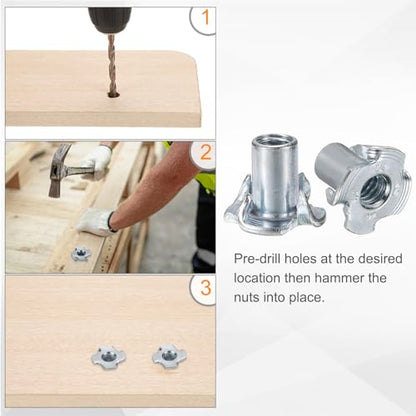 HARFINGTON 1/4x14mm T-Nuts 4 Pronged Tee Nut 0.68" x 0.55" Fully Thread Carbon Steel Inserts for Wood, Rock Climbing Holds, Cabinetry, Furniture 50pcs - size: 1/4" x 0.55" x 0.68" x 0.55"