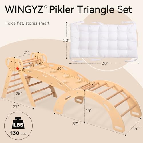 WINGYZ Pikler Triangle Set, Montessori 8-in-1 Foldable Climbing Set | Reversible Animal Slide, Patent-Protected Jungle Gym, Safe 2.35in Gap, ASTM F963 Standards for Toddlers 18M-5Y, Teak - color: Teak