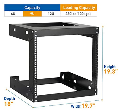 9U Wall Mount Rack Open Frame 19 Inch Server Equipment 2 Post Network Cabinet 18 inches Depth Black by Tedgetal - color: 9U