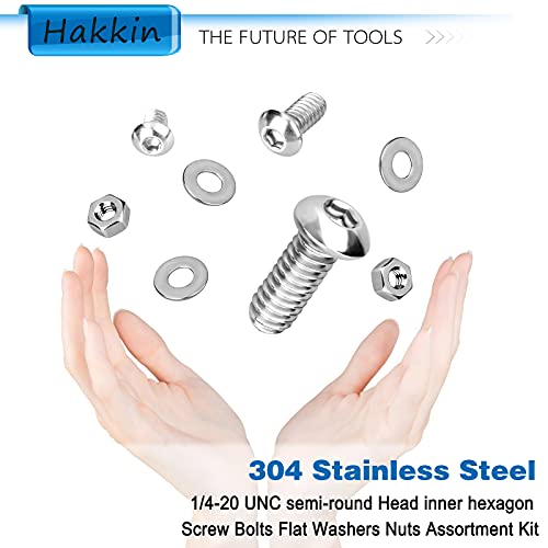 Hakkin 330pcs SAE 1/4-20 UNC Hex Socket Button Head Cap Screw Bolts Flat Washers Nuts Assortment Kit 304 Stainless Steel, 8 Sizes (Length 3/8" to 2"), Machine Screws Set with Storage Case - size: 330PCS 1/4-20 Hex Button Head Cap Screws Silver