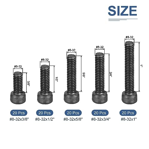 DTGN 100Pcs #8-32 Bolts Socket Head Screws Kit, #8-32 Screw Assortment, 12.9 Grade Steel #8-32 x 3/8", 1/2", 5/8", 3/4", 1" Hex Socket Head Cap Screws Bolt Set for 3D Printing DIY