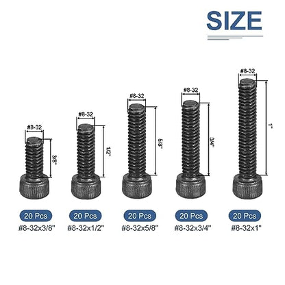 DTGN 100Pcs #8-32 Bolts Socket Head Screws Kit, #8-32 Screw Assortment, 12.9 Grade Steel #8-32 x 3/8", 1/2", 5/8", 3/4", 1" Hex Socket Head Cap Screws Bolt Set for 3D Printing DIY
