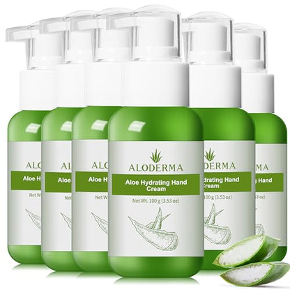 Aloderma Aloe Hydrating Hand Cream, Non-Greasy Hand Lotion, 3.5 oz x6 | Gently scented vegan formula with shea butter, travel size 100 ml hand cream for cracked skin - ideal for office or gym use - size: 3.5 Fl Oz (Pack of 6)
