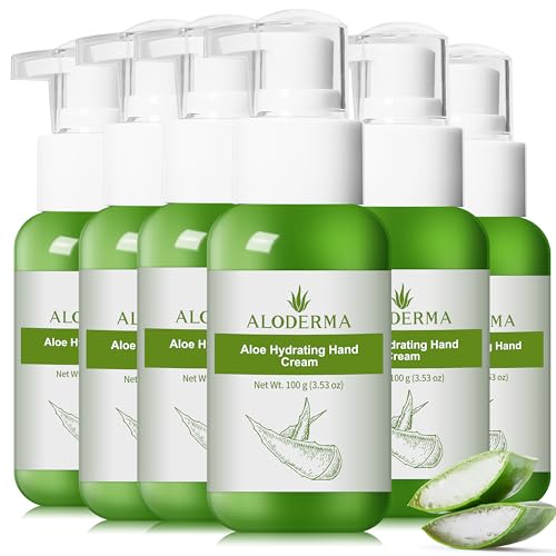 Aloderma Aloe Hydrating Hand Cream, Non-Greasy Hand Lotion, 3.5 oz x6 | Gently scented vegan formula with shea butter, travel size 100 ml hand cream for cracked skin - ideal for office or gym use - size: 3.5 Fl Oz (Pack of 6)