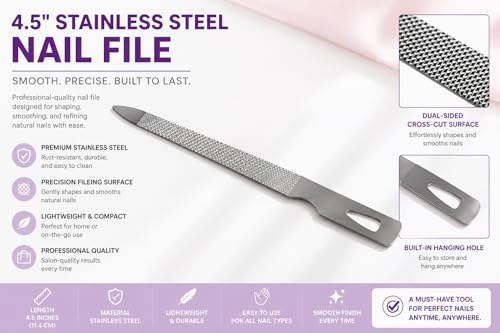5 Inch Stainless Steel Triple Cut Nail File for Fingernails, Toenails, Scraping, Strengthening, Three (3) Pack