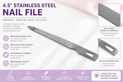 5 Inch Stainless Steel Triple Cut Nail File for Fingernails, Toenails, Scraping, Strengthening, Three (3) Pack