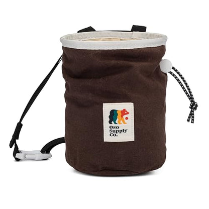 Oso Supply Co - Waxed Canvas Chalk Bag - Zipper Pocket & Mesh Pouch for Bouldering, Rock Climbing, Gym, Weightlifting – Water-Resistant, Adjustable Belt, Wide Opening - color: Espresso / Tan